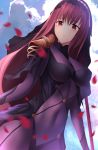  1girl armor bodystocking bodysuit breasts covered_navel fate/grand_order fate_(series) gae_bolg hair_intakes highres holding holding_weapon large_breasts long_hair nene_(umrhaishixiaomai) pauldrons polearm purple_bodysuit purple_hair red_eyes scathach_(fate/grand_order) shoulder_armor skin_tight solo spear veil weapon 