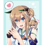  &gt;_&lt; 2girls :d azur_lane blue_eyes brown_hair chibi commentary_request detached_sleeves double_bun dual_persona fang heart horns long_hair looking_at_viewer mctom multiple_girls open_mouth oyashio_(azur_lane) pointy_ears shared_bathing simple_background smile spoken_heart xd 