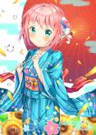  1girl absurdres blue_eyes blush day droplets floral_print flower hair_ornament highres japanese_clothes kimono looking_at_viewer original outdoors over_shoulders parasol pink_hair short_hair smile solo standing sunflower torokeru_none umbrella 