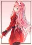 1girl artist_name black_legwear blue_eyes darling_in_the_franxx gradient gradient_background h2o_(dfo) long_hair looking_at_viewer looking_back oni_horns open_mouth pantyhose pink_background pink_hair red_skirt simple_background skirt very_long_hair zero_two_(darling_in_the_franxx) 