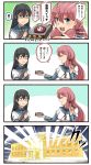  2girls 4koma :d ^_^ ^o^ akashi_(kantai_collection) black_hair blue_eyes blue_sailor_collar blue_shirt closed_eyes comic commentary_request glasses green_eyes green_hairband hair_between_eyes hair_ribbon hairband highres ido_(teketeke) kantai_collection long_sleeves multiple_girls musical_note necktie ooyodo_(kantai_collection) open_mouth pink_hair quaver red_neckwear red_ribbon ribbon sailor_collar school_uniform serafuku shaded_face shirt smile speech_bubble translation_request tress_ribbon v-shaped_eyebrows 