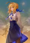  1girl ahoge arms_behind_back artoria_pendragon_(all) blonde_hair blue_neckwear blue_ribbon blue_skirt breasts brown_legwear closed_mouth clouds cowboy_shot fate/stay_night fate_(series) gradient_sky green_eyes hair_intakes hair_ribbon high-waist_skirt highres legs_apart long_skirt long_sleeves looking_at_viewer medium_breasts neck_ribbon ogyue own_hands_together pantyhose power_lines puffy_long_sleeves puffy_sleeves ribbon saber serious shirt short_hair_with_long_locks sidelocks skirt sky solo standing star_(sky) starry_sky twilight underbust white_shirt 