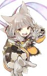  1girl animal_ears bangs blunt_bangs bodysuit cat_ears eyebrows gloves highres hood kinagi_(3307377) looking_at_viewer niyah ribbon short_hair silver_hair simple_background smile solo xenoblade xenoblade_2 yellow_bodysuit yellow_eyes 