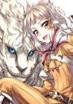 1girl :d animal_ears bangs belt blunt_bangs brown_eyes byakko_(xenoblade) cat_ears commentary_request fang gloves highres looking_at_viewer niyah open_mouth ribbon silve silver_hair smile teeth tiger white_gloves xenoblade_2 
