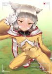  1girl animal_ears bangs blunt_bangs blush bodysuit breasts cloak closed_eyes facial_mark gloves grass half-closed_eyes hood hooded_cloak looking_at_viewer niyah outdoors recording shiny shiny_hair silver_hair small_breasts squatting sweatdrop vekneim watermark wavy_mouth web_address white_gloves xenoblade xenoblade_2 yellow_eyes 