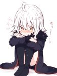  1girl ahoge bangs beni_shake black_jacket black_legwear blush closed_mouth commentary_request crossed_arms eyebrows_visible_through_hair fate/apocrypha fate/grand_order fate_(series) fur-trimmed_sleeves fur_collar fur_trim hair_between_eyes jacket jeanne_d&#039;arc_(alter)_(fate) jeanne_d&#039;arc_(fate)_(all) leg_hug no_shoes nose_blush simple_background sitting solo thigh-highs white_background white_hair yellow_eyes 
