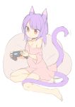  1girl absurdres animal_ears bangs bare_shoulders barefoot cat_ears cat_girl cat_tail closed_mouth controller dress eyebrows_visible_through_hair game_controller hair_between_eyes highres holding long_sleeves nekomata omucchan_(omutyuan) original pink_dress purple_hair red_eyes sketch solo tail v-shaped_eyebrows white_background 