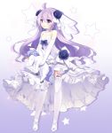  1girl ahoge azur_lane bridal_veil commentary_request dress elbow_gloves garter_straps gloves hair_down lingsexuanlv long_hair looking_at_viewer purple_hair simple_background solo stuffed_animal stuffed_pegasus stuffed_toy stuffed_unicorn thigh-highs unicorn_(azur_lane) veil violet_eyes wedding_dress white_dress white_gloves white_legwear 