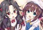  2girls ahoge black_hair black_jacket blue_dress blue_eyes brown_hair dress fang hat hinatsuru_ai jacket long_hair multiple_girls open_mouth red_eyes ryuuou_no_oshigoto! sasorigatame shirt smile twintails upper_body white_shirt yashajin_ai 