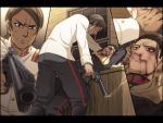  angry arched_back black_hair bleeding blood blood_on_face bloody_clothes brown_hair bruise dark_skin dark_skinned_male facial_hair facial_scar golden_kamuy gun hair_slicked_back handgun holding holding_gun holding_weapon injury itou_(mogura) koito_otonoshin leaning_back male_focus military military_uniform nosebleed ogata_hyakunosuke pistol scar scar_on_cheek short_hair smoke smoking_gun sweat uniform weapon 