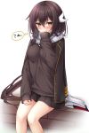  adjusting_scarf azur_lane bangs black_hair black_jacket black_skirt black_sweater blush breasts embarrassed enpera eyebrows_visible_through_hair feet_out_of_frame hair_between_eyes hand_on_lap highres jacket jacket_on_shoulders long_hair long_sleeves looking_at_viewer low-tied_long_hair medium_breasts mikasa_(azur_lane) miniskirt nail_polish open_clothes open_jacket pleated_skirt scarf simple_background sitting skirt sleeves_past_wrists sweater thought_bubble translated white_background white_scarf yellow_eyes yellow_nails yoye_(pastel_white) 