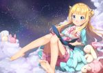  1girl :d barefoot blonde_hair bloomers blue_dress blue_eyes blush clouds constellation double_bun dress highres long_hair night night_sky open_mouth original pink_underwear sitting sky smile stuffed_animal stuffed_bunny stuffed_sheep stuffed_toy torokeru_none underwear 