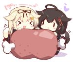  &gt;_&lt; 2girls :3 :d black_hair blonde_hair blush_stickers boned_meat bow braid chibi commentary_request food hair_bow hair_flaps hair_ornament hair_ribbon hairclip kantai_collection long_hair looking_at_viewer meat meat_day multiple_girls open_mouth pleated_skirt remodel_(kantai_collection) ribbon school_uniform serafuku shigure_(kantai_collection) simple_background single_braid skirt smile translation_request watanohara xd yuudachi_(kantai_collection) 