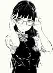  1girl black_hair bow glasses highres hiwatari_rin long_hair monochrome original upper_body vest 