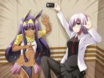  2girls :d black_dress black_legwear cellphone commentary_request dark_skin dress fate/grand_order fate_(series) glasses grey_eyes hair_over_one_eye hairband holding hooded_coat lavender_hair long_hair looking_at_viewer mash_kyrielight multiple_girls navel necktie nitocris_(fate/grand_order) open_mouth pantyhose phone pose purple_hair short_hair smartphone smile standing standing_on_one_leg translation_request utsurogi_angu 