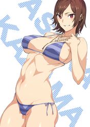  1girl bikini breasts brown_hair character_name contrapposto cowboy_shot hiiragi_yuuichi jewelry kazama_asuka large_breasts namco necklace purple_bikini red_eyes short_hair side-tie_bikini solo standing striped striped_bikini swimsuit tekken 