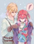  1boy 1girl aruba blonde_hair blush breasts cold fins fish_girl hair_ornament jacket jewelry link long_hair mipha monster_girl multicolored multicolored_skin no_eyebrows pointy_ears red_skin redhead snow the_legend_of_zelda the_legend_of_zelda:_breath_of_the_wild yellow_eyes zora 