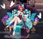  1girl artist_name bare_shoulders bow butterfly butterfly_hair_ornament comb deviantart_username doll flower hair_ornament hako_no_shoujo highres horns japanese_clothes leaf onmyoji pink_hair red_eyes sandals sitting solo sui-sen watermark web_address 