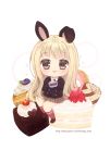  1girl :d animal_ears bangs black_blazer black_footwear blazer blonde_hair blush brown_eyes brown_hair brown_skirt cake chibi collared_shirt commentary_request eyebrows_visible_through_hair food food_on_face foreign_blue highres holding holding_food jacket kneehighs loafers long_hair looking_at_viewer open_mouth original plaid plaid_skirt pleated_skirt rabbit_ears red_legwear shirt shoes sitting skirt slice_of_cake smile solo sparkle upper_teeth very_long_hair watermark web_address white_background white_shirt 