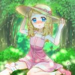 1girl adjusting_headwear blue_eyes blurry blurry_background blush bow dress foot_out_of_frame forest hat hat_bow highres medium_hair nature open_mouth outdoors pink_bow pink_dress pink_footwear pokeball_symbol pokemon pokemon_(anime) serena_(pokemon) shirokoro solo sun_hat tears 