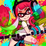  1girl bangs bike_shorts black_shorts blunt_bangs bright_pupils closed_mouth clothes_writing copyright_name domino_mask eyebrows facing_away headphones holding ink_tank_(splatoon) inkling inkling_(language) leg_up long_hair looking_away looking_to_the_side mask orange_background paint paint_splatter pink_eyes pink_hair shirt shoelaces shoes short_sleeves shorts smile sneakers solo splatoon splatoon_1 splattershot_(splatoon) sunagimo_(nagimo) t-shirt tentacle_hair text twitter_username water_gun white_pupils white_shirt wristband 