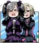  &gt;_&lt; 2girls ayame_(0419) blonde_hair blush bottle bow commentary_request drill_hair ear_piercing grey_hair hair_bow hair_over_one_eye hands_on_another&#039;s_shoulders idolmaster idolmaster_cinderella_girls jacket kanzaki_ranko long_hair long_sleeves multiple_girls open_mouth piercing purple_bow red_eyes rosenburg_alptraum shirasaka_koume short_hair sitting sleeves_past_fingers sleeves_past_wrists smile track_jacket track_suit twin_drills twintails water_bottle wavy_mouth 