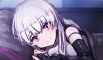  1girl bangs black_gloves blush closed_mouth collarbone doll_joints elbow_gloves eyebrows_visible_through_hair fate/extra fate/grand_order fate_(series) gloves hair_between_eyes hand_holding indoors long_hair looking_at_viewer lying nursery_rhyme_(fate/extra) on_side pillow pink_eyes silver_hair sketch smile solo_focus under_covers wadakazu 