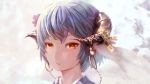  1girl close-up earrings face flower grey_hair hair_flower hair_ornament hoop_earrings horn_ornament horns japanese_clothes jewelry kimono looking_at_viewer namako_(namacotan) original red_eyes short_hair smile solo 