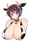  1girl animal_ears animal_print bare_shoulders bell bell_collar breasts brown_eyes brown_hair cleavage closed_mouth collar cow_ears cow_horns cow_print cow_tail highres horns huge_breasts idolmaster idolmaster_cinderella_girls idolmaster_cinderella_girls_starlight_stage jewriel oikawa_shizuku short_hair simple_background solo tail white_background 