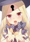 1girl abigail_williams_(fate/grand_order) bangs black_hat blonde_hair blush bow commentary_request eyebrows_visible_through_hair eyes_visible_through_hair fate/grand_order fate_(series) fingernails hands_up hat head_tilt keyhole long_hair looking_at_viewer open_mouth orange_bow parted_bangs polka_dot polka_dot_bow racer_(magnet) red_eyes simple_background solo tongue tongue_out upper_body white_background 