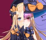  2girls abigail_williams_(fate/grand_order) absurdres artist_name bangs black_bow black_dress black_hat blonde_hair blue_eyes blush bow closed_mouth commentary_request dated dress dual_persona fate/grand_order fate_(series) glowing hair_bow hat highres key long_hair long_sleeves multiple_girls orange_bow parted_bangs polka_dot polka_dot_bow purple_background red_eyes revealing_clothes sleeves_past_fingers sleeves_past_wrists smile very_long_hair witch_hat 