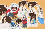  1girl alternate_costume black-framed_eyewear blush breasts brown_eyes brown_hair casual coat collage crying cup drone ecopoint_mei english fur_hat glasses gloves hair_bun hair_ornament hair_stick hat highres hot_chocolate kathleen_lim large_breasts mei_(overwatch) mug off-shoulder_sweater overwatch pants short_hair smile snowball_(overwatch) stretch sweater tank_top waking_up winter_clothes winter_coat yawning yoga_pants 