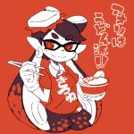  +_+ 1girl alternate_costume aori_(splatoon) black_hair bowl chopsticks closed_mouth clothes_writing domino_mask earrings eyebrows eyebrows_visible_through_hair facing_away food food_on_head gloves hair_rings holding_chopsticks hoop_earrings jewelry kitsune_udon long_hair looking_away looking_to_the_side mask object_on_head pointy_ears puffy_shorts red_background shirt short_sleeves shorts simple_background smile solo splatoon splatoon_1 suction_cups sunagimo_(nagimo) symbol-shaped_pupils t-shirt tentacle_hair udon 