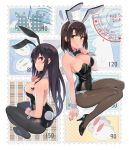  2018 2girls :o animal_ears bangs bare_shoulders black_hair black_legwear black_leotard blush breasts brown_eyes brown_hair bunny_tail bunnysuit cleavage closed_mouth ddal detached_collar eyebrows_visible_through_hair fake_animal_ears fake_tail frill_trim full_body high_heels highres kasumigaoka_utaha katou_megumi large_breasts legs_together leotard long_hair looking_at_viewer looking_back multiple_girls open_mouth pantyhose purple_hair rabbit rabbit_ears red_eyes saenai_heroine_no_sodatekata short_hair sidelocks sitting smile snow_bunny stamp tail 