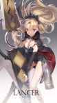  1girl asymmetrical_legwear asymmetrical_sleeves bangs between_breasts birdcage black_bow black_cape black_dress black_legwear blonde_hair bow breasts cage cape cleavage closed_mouth commentary_request detached_collar dress earrings ereshkigal_(fate/grand_order) eyebrows_visible_through_hair fate/grand_order fate_(series) floating_hair fur-trimmed_cape fur_trim hair_between_eyes hair_bow holding holding_weapon huge_weapon infinity jewelry long_sleeves looking_at_viewer medium_breasts multicolored multicolored_cape multicolored_clothes red_cape red_eyes ritsuki single_detached_sleeve single_thighhigh skull sleeves_past_wrists smile solo spine thigh-highs tiara two_side_up weapon 