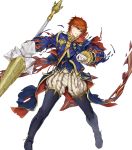  1boy blue_eyes cape eliwood_(fire_emblem) fire_emblem fire_emblem:_rekka_no_ken fire_emblem_heroes full_body highres holding itou_misei male_focus official_art polearm redhead short_hair solo spear torn_clothes weapon 
