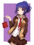  1girl bag birthday blue_hair hair_ornament hand_in_pocket happy_birthday heart_hair_ornament highres jacket long_hair long_sleeves love_live! love_live!_school_idol_festival love_live!_sunshine!! matsuura_kanan miniskirt necktie paper_bag ponytail red_neckwear senguyen1011 skirt solo violet_eyes 