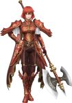  1girl armor fire_emblem fire_emblem:_mystery_of_the_emblem full_body gloves headband looking_at_viewer minerva_(fire_emblem) official_art polearm red_armor red_eyes redhead short_hair solo spear weapon 