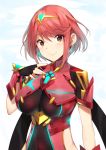  1girl bangs blush bodysuit breasts covered_navel eyebrows_visible_through_hair fingerless_gloves gloves hairband hand_up pyra_(xenoblade) large_breasts looking_at_viewer red_eyes redhead short_hair sidelocks smile solo swept_bangs underbust upper_body xenoblade_2 yappen 