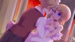  1boy 1girl adolescence_(vocaloid) aoi_choko_(aoichoco) bare_shoulders blonde_hair blue_eyes brother_and_sister camisole dress dusk dutch_angle eye_contact frilled_dress frills hair_ornament hairclip hand_on_another&#039;s_face incest kagamine_len kagamine_rin looking_at_another pillar short_hair siblings sleeveless_blazer sleeveless_jacket twincest twins vocaloid 