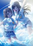  2girls :d absurdres arm_up belt blue_eyes blue_hair commentary_request condensation_trail denim denim_shorts dolphin_print grey_hair grin hand_on_hip highres hina_(hinalovesugita) long_hair love_live! love_live!_sunshine!! matsuura_kanan multiple_girls one_eye_closed open_mouth polo_shirt ponytail shirt short_hair short_sleeves shorts sidelocks smile striped striped_shirt violet_eyes wading watanabe_you 