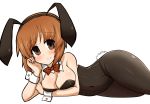  1girl absurdres animal_ears black_legwear black_leotard bow bowtie breast_rest breasts brown_eyes brown_hair bunny_tail bunnysuit chin_rest cleavage closed_mouth covered_navel detached_collar eyebrows_visible_through_hair fake_animal_ears fake_tail girls_und_panzer highres kumo_(atm) leotard looking_at_viewer lying medium_breasts nishizumi_miho on_side pantyhose rabbit_ears red_neckwear simple_background smile solo strapless strapless_leotard tail thighs white_background white_collar wrist_cuffs 