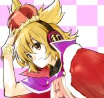  1girl arm_up bangs blonde_hair cape checkered checkered_background closed_mouth crown earmuffs eyebrows_visible_through_hair hair_between_eyes hand_on_headwear makuwauri pointy_hair red_cape short_hair solo sparkle touhou toyosatomimi_no_miko upper_body yellow_eyes 