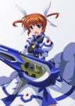  1girl blue_eyes commentary_request cowboy_shot cross_(crossryou) fingerless_gloves gloves grey_background hair_ribbon holding holding_weapon jacket long_skirt looking_at_viewer lyrical_nanoha magical_girl mahou_shoujo_lyrical_nanoha_the_movie_3rd:_reflection on_back open_mouth raising_heart ribbon short_hair skirt solo standing strike_cannon takamachi_nanoha twintails v-shaped_eyebrows weapon white_jacket white_ribbon white_skirt 