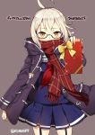  1girl ahoge artoria_pendragon_(all) box coat commentary_request fate/grand_order fate_(series) garter_straps gift gift_box glasses highres holding hooded_coat long_hair looking_at_viewer mysterious_heroine_x_(alter) naitou_ryuu pleated_skirt scarf school_uniform serafuku silver_hair simple_background skirt solo sparkle translation_request twitter_username winter_clothes winter_coat yellow_eyes 