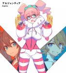  1boy 2girls argentea_(darling_in_the_franxx) blue_eyes brown_hair character_name cow_(shadow) cowboy_shot darling_in_the_franxx humanization jacket looking_at_viewer miku_(darling_in_the_franxx) multiple_girls pink_hair short_shorts short_twintails shorts smile twintails uniform white_shorts zorome_(darling_in_the_franxx) 