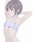  1girl animal_ears armpits arms_behind_head arms_up bandeau bow bow_bra bra choker cinderella_bust ear_ribbon earrings frilled_bra frills grey_eyes grey_hair idolmaster idolmaster_cinderella_girls jewelry lips mumi1010 navel otokura_yuuki profile ribbon ribbon_choker short_hair simple_background solo underwear underwear_only upper_body 