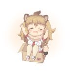  1girl animal_ears arms_up artist_name bangs beige_legwear blush box breasts brown_hair cardboard_box chibi closed_eyes commentary_request drooling eyebrows_visible_through_hair facing_viewer foreign_blue fur_collar gradient_hair in_box in_container japari_symbol kemono_friends large_breasts light_brown_hair lion_(kemono_friends) lion_ears lion_tail long_hair multicolored_hair necktie open_mouth pantyhose plaid_neckwear red_neckwear shirt shoes short_sleeves sleepy solo tail very_long_hair white_footwear white_shirt 