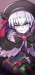  1girl bangs beret black_bow black_capelet black_gloves black_hat blood bloody_tears book bow brooch brown_background brown_eyes capelet dark_persona doll_joints elbow_gloves evil_grin evil_smile eyebrows_visible_through_hair fate/extra fate/grand_order fate_(series) fur-trimmed_capelet gloves grin hair_between_eyes hat highres holding holding_book jewelry long_sleeves looking_at_viewer nursery_rhyme_(fate/extra) pale_skin sharp_teeth silver_hair simple_background sketch smile solo teeth wadakazu 