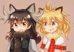  2girls animal_ears antlers blush eyebrows_visible_through_hair fang fur_collar kemono_friends lion_(kemono_friends) lion_ears midoneko-222 moose_(kemono_friends) moose_ears multiple_girls necktie open_mouth scarf sweater 